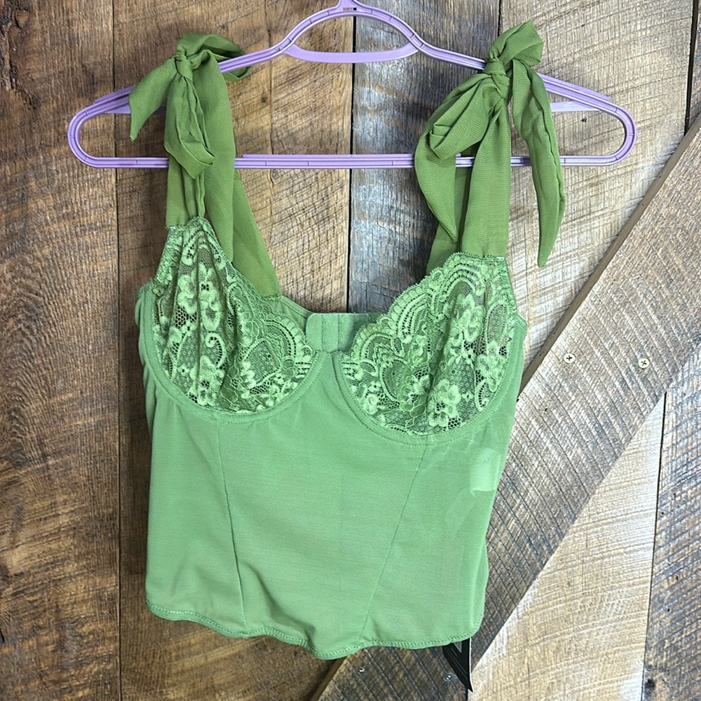 NWT Pretty Little Thing Green Khaki Lace Mesh Mix Tie Strap Corset Size 8
